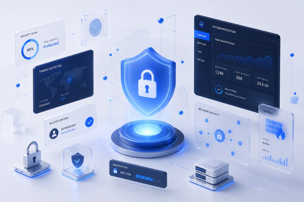 Escudo de ciberseguridad con paneles de protección y monitoreo
